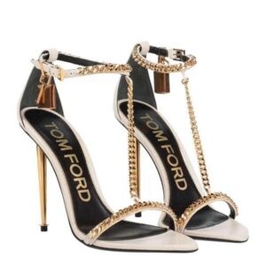 Tom Ford Padlock Chalk Shiny Chain Pointy Naked Sandals Size 40